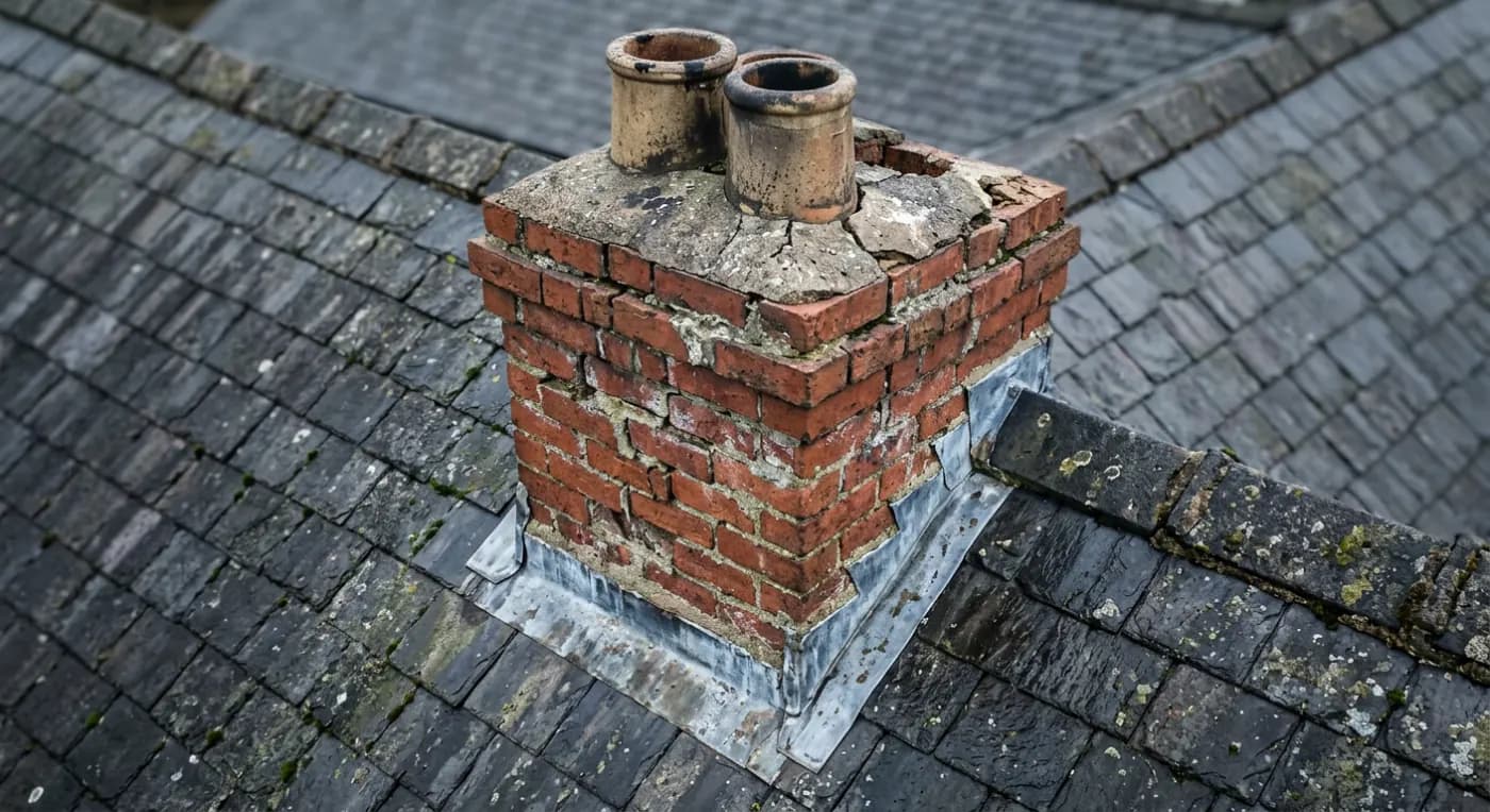 Brick chimney stack with eroded mortar joints and lead flashing lifting away at the abutment