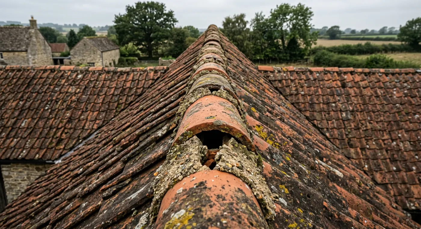 Ridge tiles on a clay tiled roof with open and crumbling mortar bedding joints