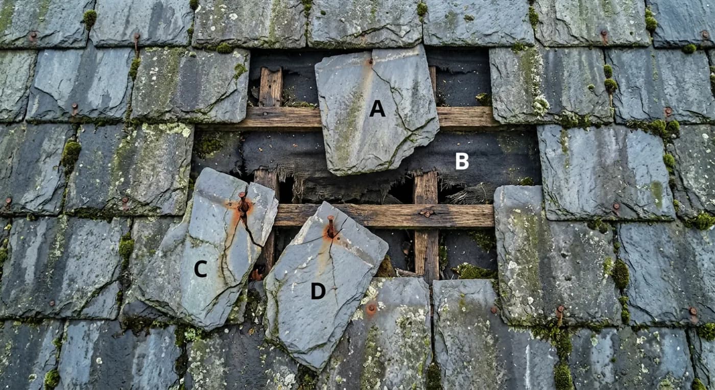 Slipped slates on an old roof with the battens and felt exposed underneath