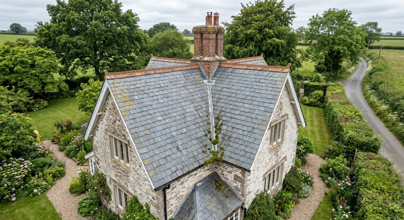 Aerial view of a Devon stone house with a steep natural slate roof, ridge line and brick chimney stack