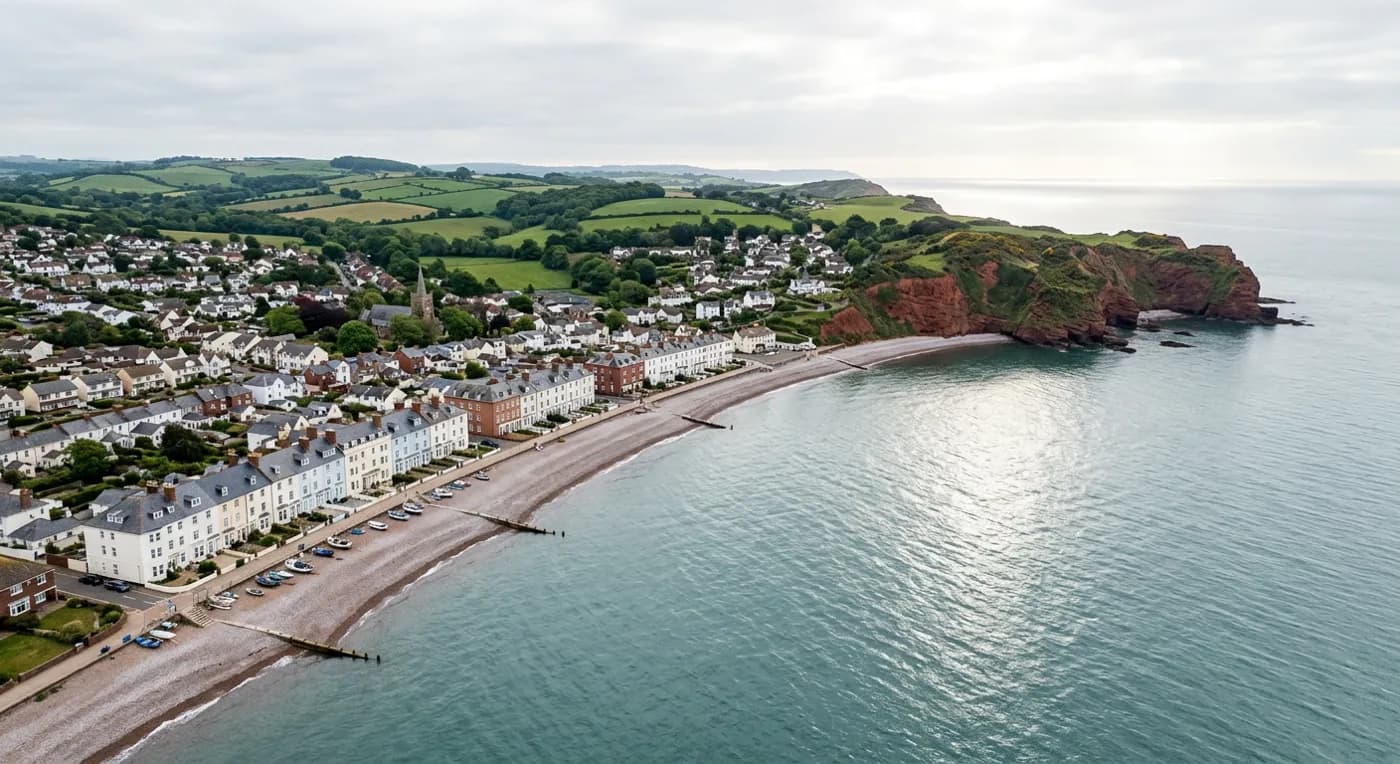 Aerial view of a South Devon seafront with rendered terraces facing a shingle beach