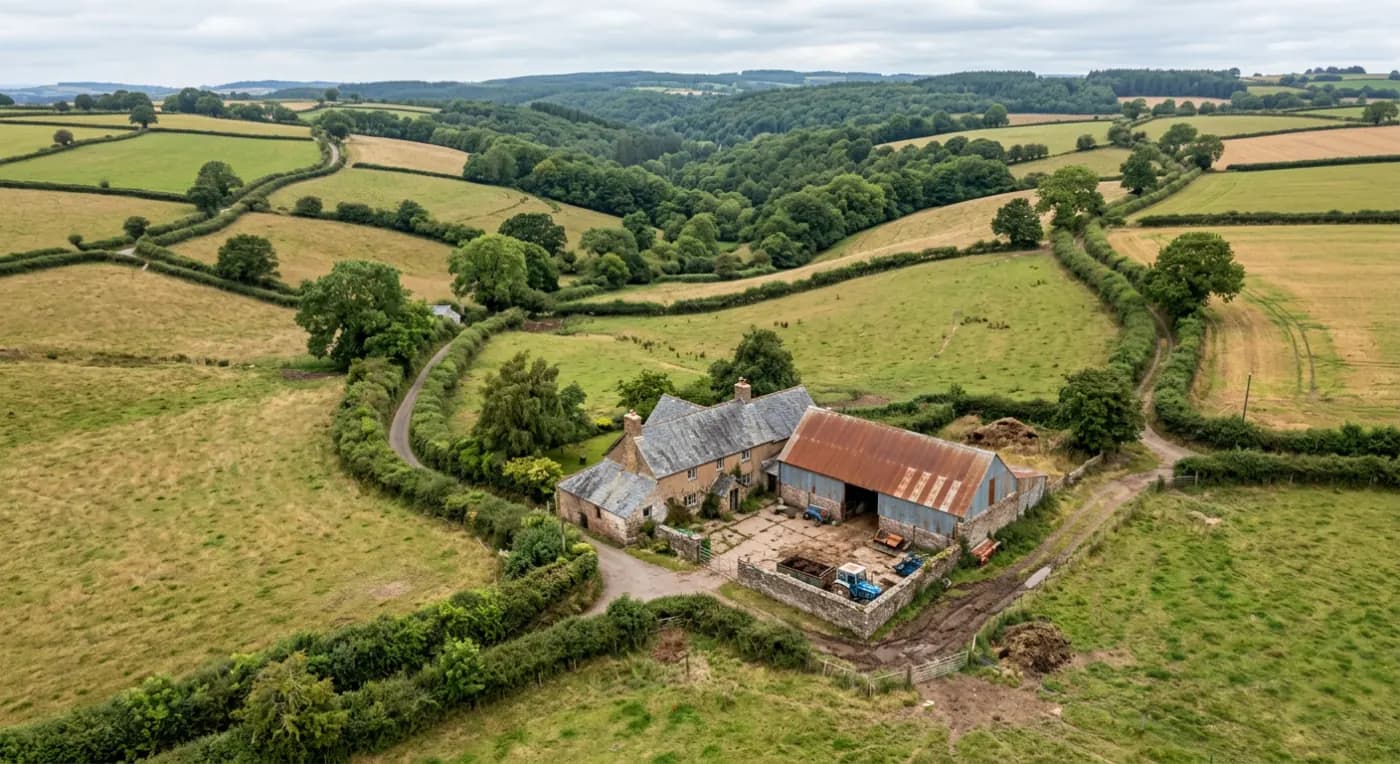 Aerial view of rolling Devon farmland with a slate roofed farmhouse and metal roofed barn