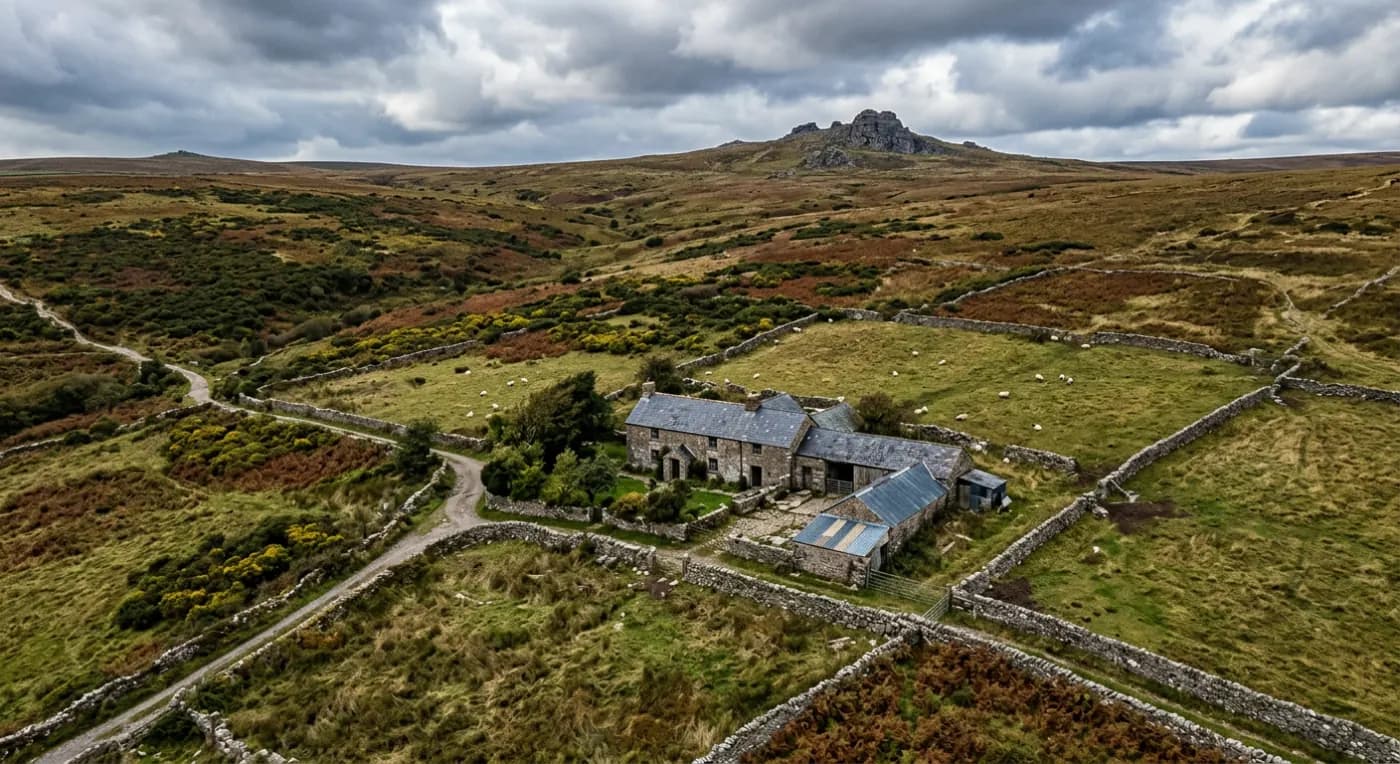 Aerial view of a slate roofed moorland farmhouse among dry stone walled fields
