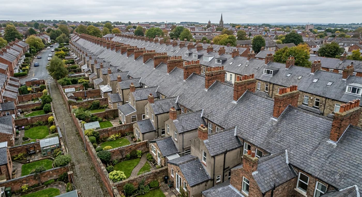 Aerial view along a row of Victorian terraced houses with slate roofs, shared party walls and repeating brick chimney stacks